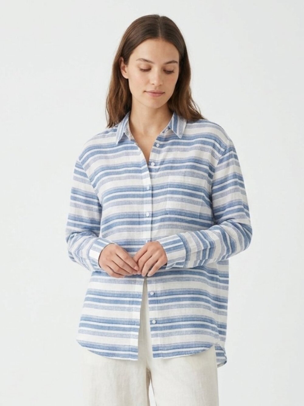 A New Day Blouse Button Up Blue Stripes Casual Beach Nautical L NWT